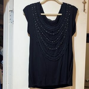BCBGMaxAzria Black Beaded Short Sleeve Top